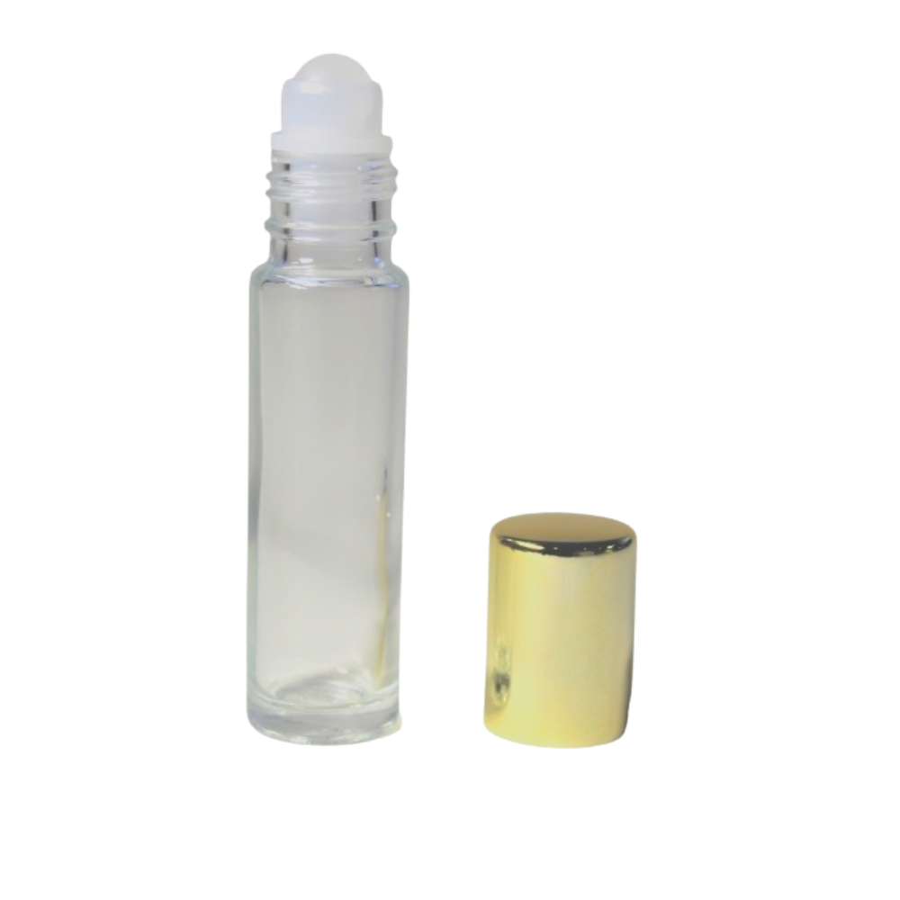 10ml Roll-on Flasche klar, Fitment natur, Schraubkappe gold