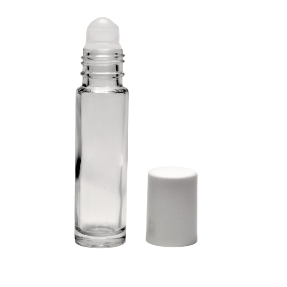 10ml Roll-on Flasche klar, Fitment natur, Schraubkappe weiß